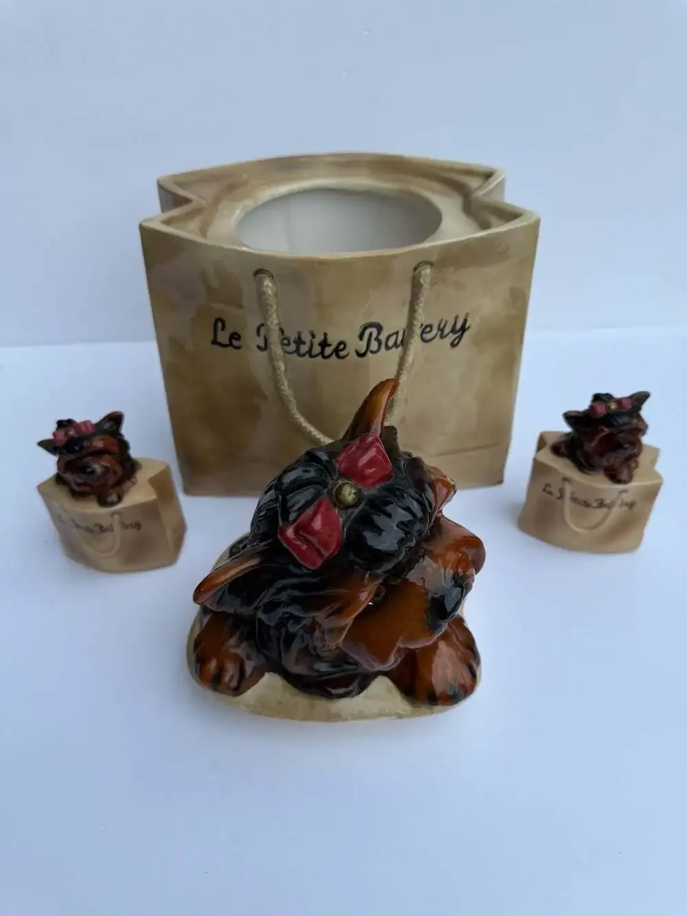 Vintage Le Petite Bakery Ceramic Yorkshire Terrier Cookie Jar and Light Covers